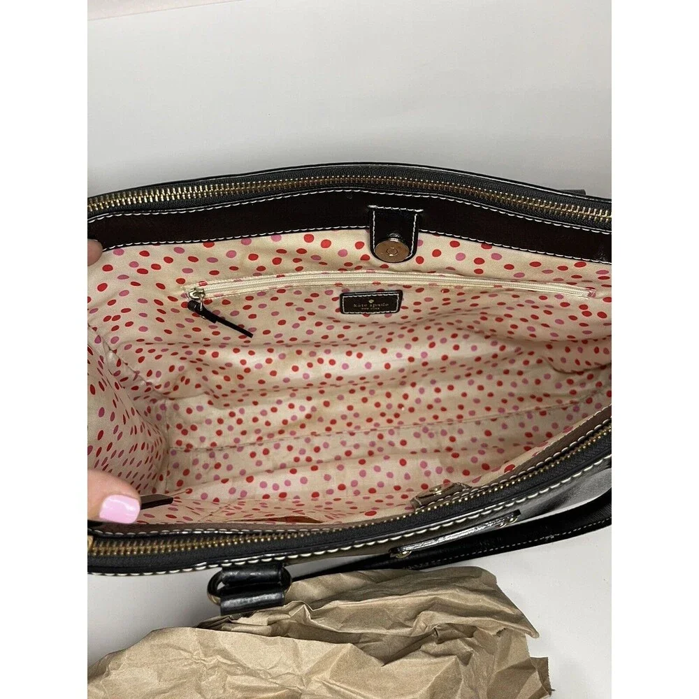 Kate Spade New York Black Pebble Leather Zipper Tote Bag Classic Purse Polka Dot